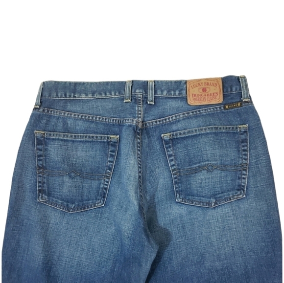 Lucky Brand~Men’s Size 36×30~Blue Denim Slim Bootleg Dungaress Jeans Distressed - Picture 8 of 11